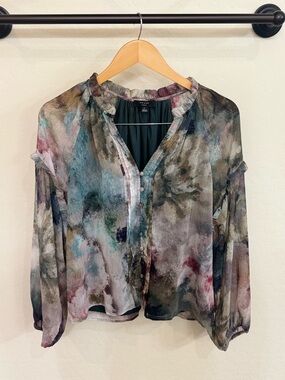Haver London Multicolor Abstract Watercolor Print Ruffle Neck Blouse Size Large